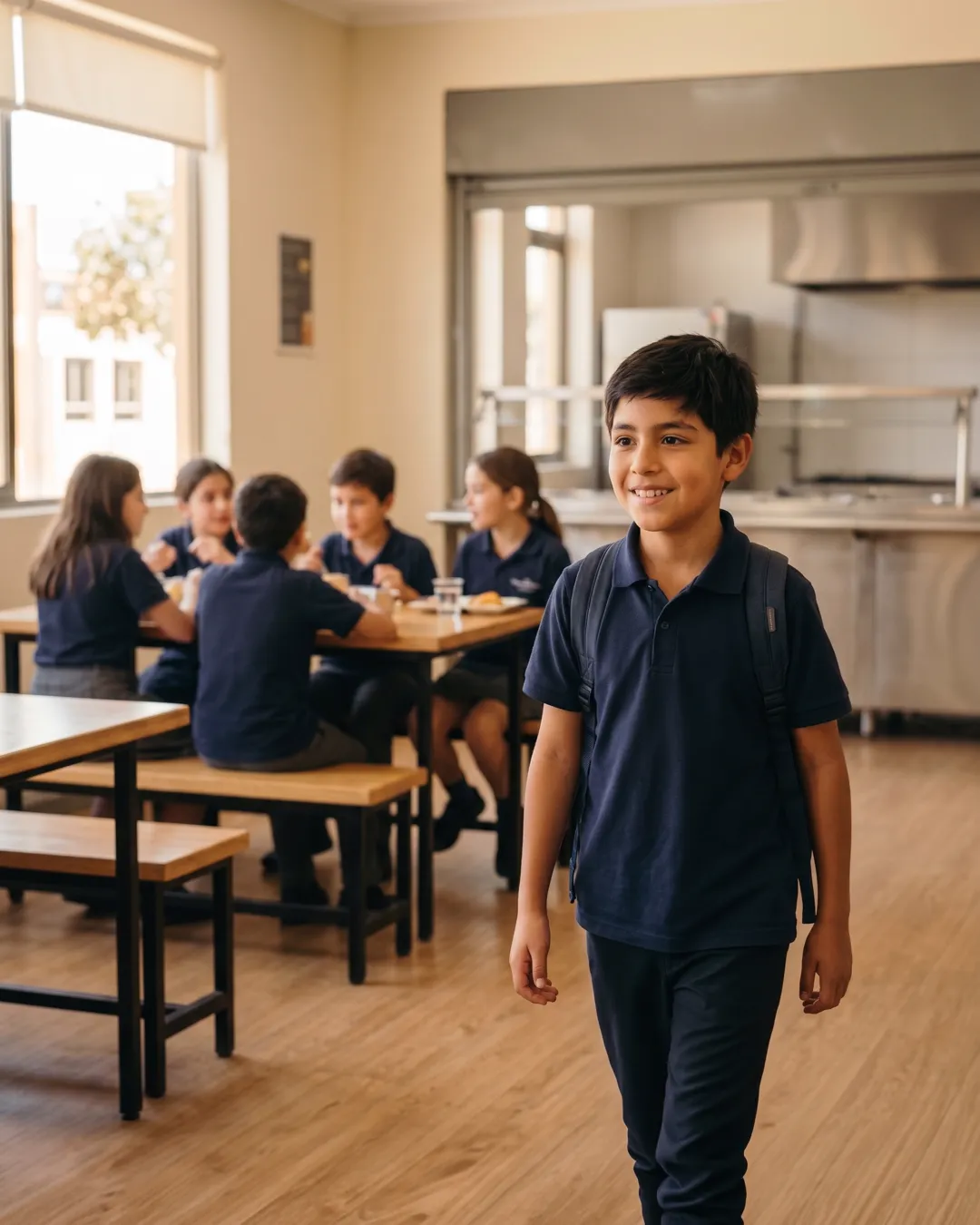 Estudiante llegando al comedor del colegio mientras sus compañeros almuerzan al fondo